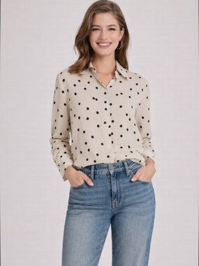 a new day Women’s Long Sleeve Collared Blouse Polka Dots Size M